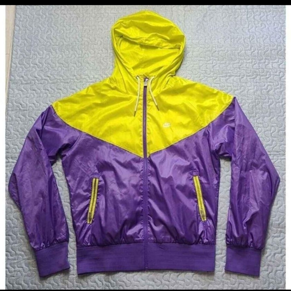 NIKE Windrunner Jacket Women's Large Hooded Purple Neon Yellow Colorblock Lined